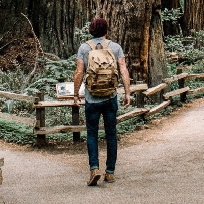 As with any journey, diabetes causes you to make decisions along the way. Some successful, some note. The image is a young man carrying a backpack, on a marked trail, having decide to go left or right.