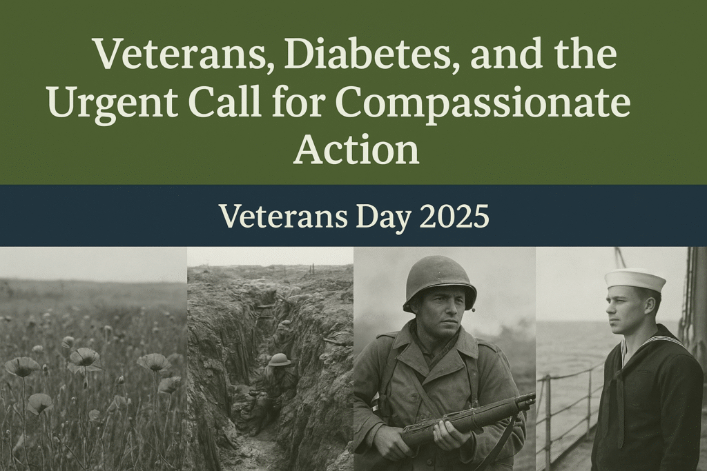 A Veterans Day 2025 banner featuring four historical black-and-white war images. From left to right: a World War I soldier crouched in a muddy trench, red poppies in Flanders Fields, a World War II combat soldier holding a rifle, and a World War II sailor standing on a ship deck looking out to sea. The top half of the image has a muted olive green and navy blue background with white Courier text reading, “Veterans, Diabetes, and the Urgent Call for Compassionate Action” and below it, “Veterans Day 2025.” The design conveys honor, remembrance, and advocacy for veterans’ health.