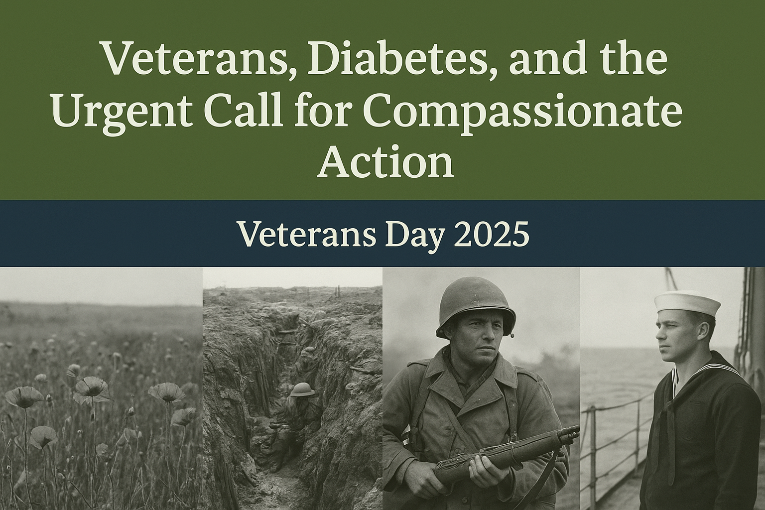 A Veterans Day 2025 banner featuring four historical black-and-white war images. From left to right: a World War I soldier crouched in a muddy trench, red poppies in Flanders Fields, a World War II combat soldier holding a rifle, and a World War II sailor standing on a ship deck looking out to sea. The top half of the image has a muted olive green and navy blue background with white Courier text reading, “Veterans, Diabetes, and the Urgent Call for Compassionate Action” and below it, “Veterans Day 2025.” The design conveys honor, remembrance, and advocacy for veterans’ health.