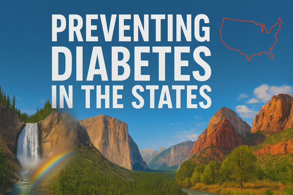 Created by Chat GPT. Text says Preveinting Diabetes in the States with a couple images from national parks, and an ouline image of the contiguous 48 states in the top right corner in red.