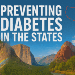 Created by Chat GPT. Text says Preveinting Diabetes in the States with a couple images from national parks, and an ouline image of the contiguous 48 states in the top right corner in red.