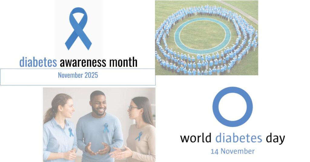 Composite photo stating Diabetes Awareness Month is November, World Diabetes Day is November 14th, and several lighened images.